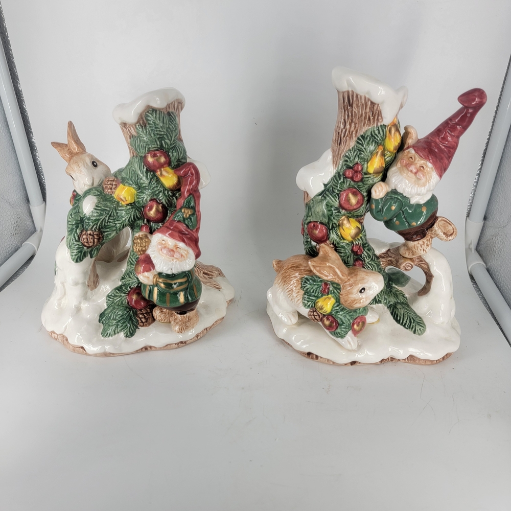 Fitz & Floyd Woodland Santa Elves Hand-Painted Ceramic Candlestick Holders- 1991